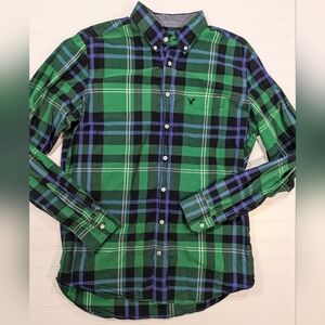 AEO Green/Navy Classic Fit Button Down Shirt Large TALL